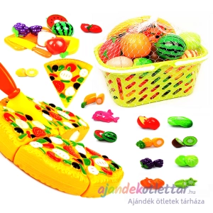 Piknik kosár pizzával gyümölcsökkel, zöldségekkel